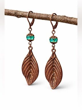 Handmade Copper Leaf Earrings with Green Crystals – Boho Dangle